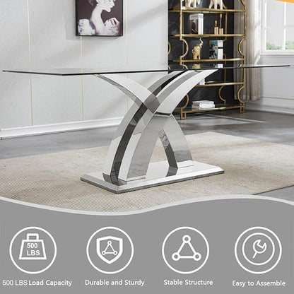 70" Glass Dining Table for 6-8, Modern Dining Room Table with 0.39" Tempered Glass Top and X-Shaped Silver Stainless Steel Base, Rectangle Kitchen Dinner Table for Dining Room