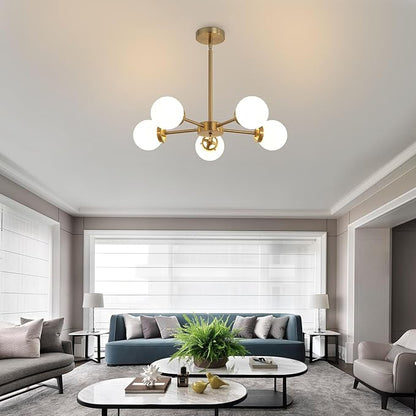 WINGBO 5-Light Sputnik Chandelier, Modern Pendant Light Fixture with 4.7" Opal White Glass Globe Shade for Flat and Slop Ceiling, Height Adjustable for Kitchen Living Room Dining Room Bedroom, Gold