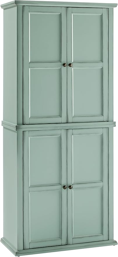 Crosley Furniture Holbrook Traditional Tall Kitchen Pantry, Laundry Room Cabinet, Bathroom Storage Cabinets, Distressed Seafoam Blue
