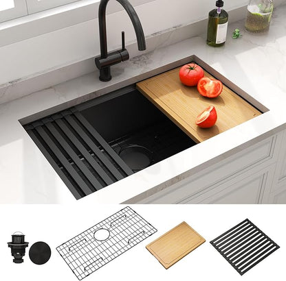 LQS 30 Inch Kitchen Sink, Black Undermount Kitchen Sink, Large Deep Black Workstation Single Bowl Sinks, 16 Gauage T304 Stainless Steel Material, Smart Workstation Ledge With Pratical Accessories
