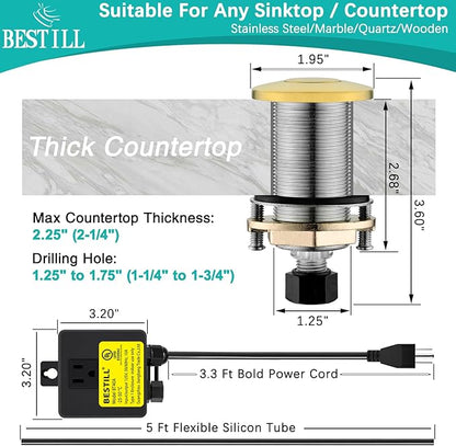 BESTILL Garbage Disposal Air Switch Kit, Brushed Brass Stainless Steel Push Button, UL Listed, Sink Top On/Off Switch for Food Waste Disposer