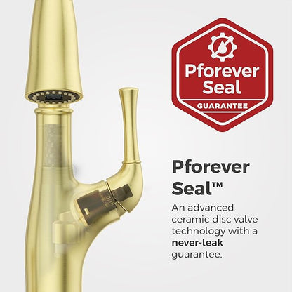 Pfister Alderwood Kitchen Faucet with Pull Down Sprayer and Soap Dispenser Single Handle High Arc Spout Brushed Gold Finish NSF Certified 1 or 3 Hole Installation F5297AWBG