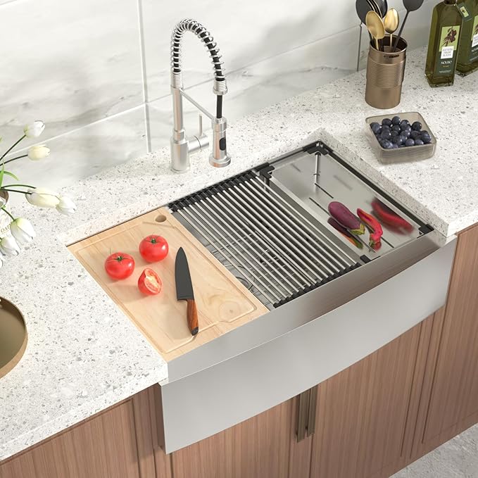 33 Farmhouse Kitchen Sink - 33x22 Inch Apron Front Farm Workstation Sink 16 Gauge Stainless Steel Single Bowl Deep Basin with Sliding Accessories