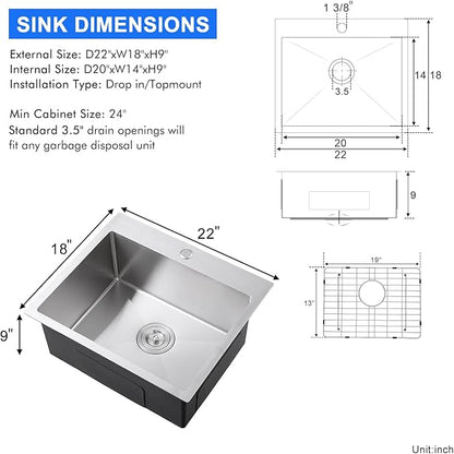 MENATT 22x18 Inch Drop in Kitchen Sink, 304 Stainless Steel Single Bowl with Bottom Grid Mat, Sound Proof & Anti-Condensation Coating, X-Shape Fast Drain, Deep 9" Basin for Compact Kitchen, Bar, RV
