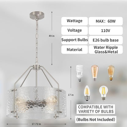 Glass Drum Chandelier for Dining Room 18'' Brushed Nickel Entryway Light Fixture 4-Light Kitchen Chandeliers Over Table Bedroom Light Fixture for Living Room Hallway Foyer Kitchen