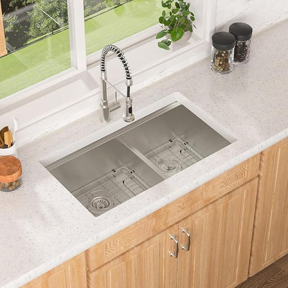 Lordear 33 Inch Undermount Kitchen Sink 33x19 Inch Handmade Double Bowl 50/50 Stainless Steel 16 Gauge Sinks Low Divided Under Counter Kitchen Sink Basin