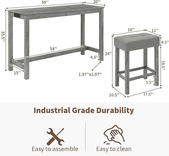 LKTART Kitchen Bar Table and Chairs Set, 4 Piece Bar Height Dining Table Set with Power Outlet and 3 Upholstered Stools Industrial Breakfast Nook, Small Space Living Room, Gray