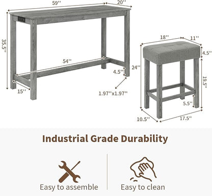 LKTART Kitchen Bar Table and Chairs Set, 4 Piece Bar Height Dining Table Set with Power Outlet and 3 Upholstered Stools Industrial Breakfast Nook, Small Space Living Room, Gray