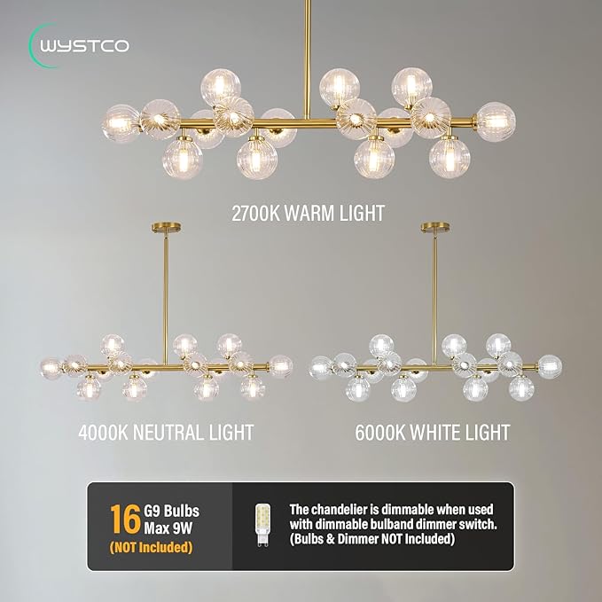 16-Light Globe Sputnik Chandelier, Linear Dining Room Light Fixture Over Table, Mid Century Modern Gold Chandeliers for Dining Living Room, Kitchen Island Lighting (Clear Bubble, 40 Inch)