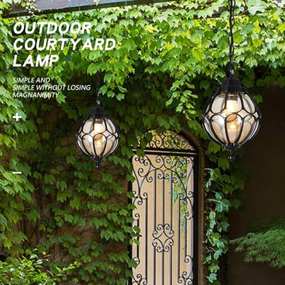 Outdoor Pendant Light Fixtures For Porch, Waterproof Exterior Lantern Glass Vintage Hanging Ceiling Light Retro Aluminum Outside Chandelier For Porch Patio Entryway Farmhouse (22cm/8.7",Black)
