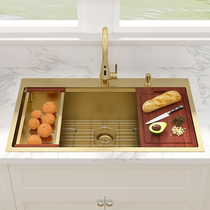 Sarlai 36 Gold Drop In Sink - 36x22 Inch Drop In Kitchen Sink Gold Ledge Workstation Sinks 16 Gauge Stainless Steel Single Bowl Topmount Sinks Basin