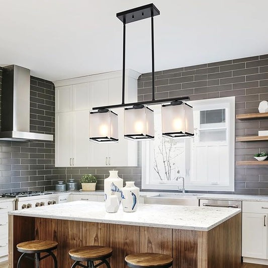 3-Light Dining Room Light Fixture Kitchen Island Lighting with Frosted Glass Shade Linear Black Chandelier Pendant Lighting Over Table for Dining Table Kitchen Island, Adjustable Height