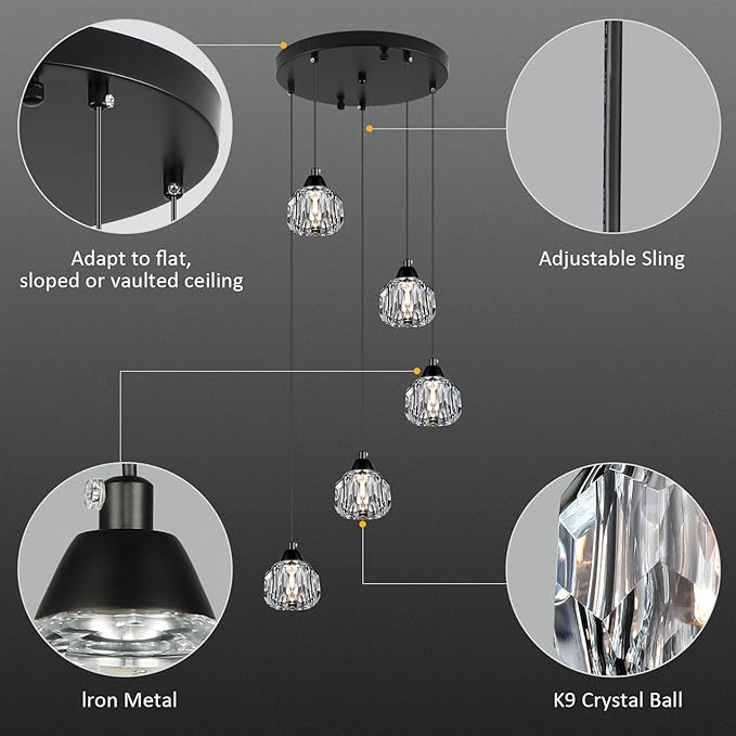 Weesalife Crystal Chandeliers for Dining Room Lights Fixture Over Table, 5-Light Black Modern Pendant Light Fixture，Crystal Chandeliers for Living Room Kitchen Island Staircases Foyer Hallway Bar