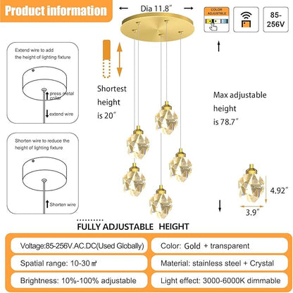 5-Light Gold Crystal Drop Pendant Light, Kitchen Island Hanging Light Fixtures, Modern Solid Clear Crystal Chandelier for Dining Room Living Room Foyer