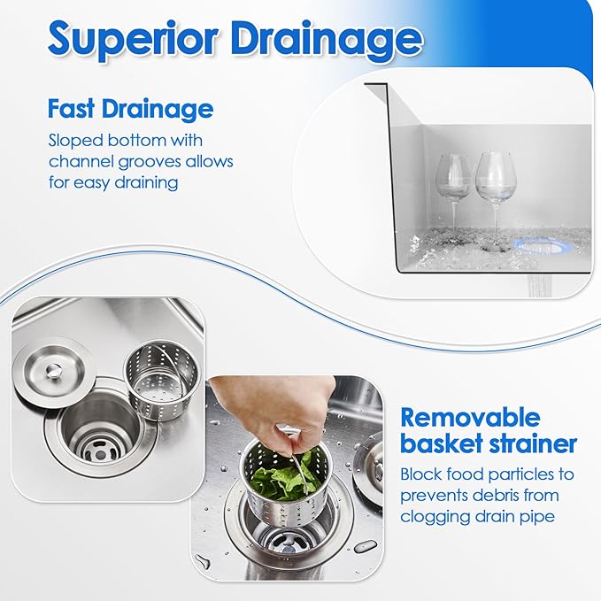 ROVOGO 21.7"x17.7"x8.7" Kitchen Sink Drop-in, 304 Stainless Steel Single Bowl 2-Hole, Top Mount Handmade Bar Prep Sink with Drain Assembly, Brushed