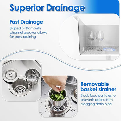 ROVOGO 21.7"x17.7"x8.7" Kitchen Sink Drop-in, 304 Stainless Steel Single Bowl 2-Hole, Top Mount Handmade Bar Prep Sink with Drain Assembly, Brushed