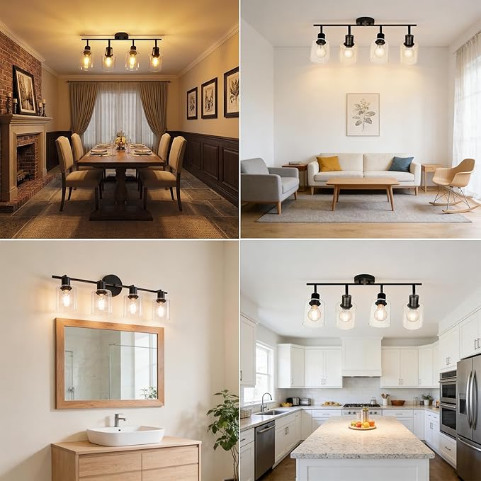 HiBay 4-Light Black Track Lighting Fixture, Ceiling Wall Mount Rotatable Spotlight with Glass Shades, Modern Farmhouse Industrial Track Lights for Kitchen, Dining Room, Bathroom, E26 Base