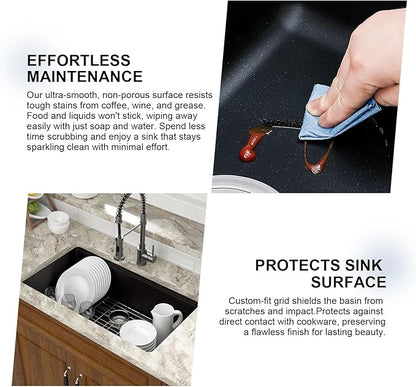 Mocoloo 33 Inch Black Granite Composite Kitchen Sink - 33x19 Undermount Ledge Workstation, Matte Black Quartz Single Bowl Under Counter Kitchen Sinks