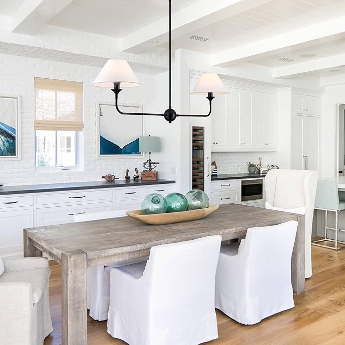 Modern Linear Chandelier, 2-Light Linear Kitchen Island Lighting Fixture with Off-White Fabric Shade, Rustic Pendant Light for Dining Room Bedroom