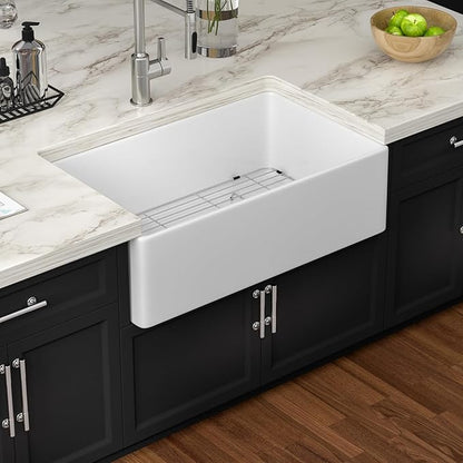White Farmhouse Sink 33 Inch Fireclay Apron Front Farm Sinks Drop In Undermount Large Deep Farm Country Style Single Bowl Farm Sinks with Luxury Accessory, 33"x20"x10"