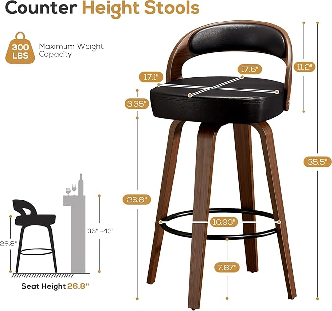GOWE Swivel Bar Stools Set of 2, 26.8" Counter Height Bar Stools for Kitchen Island, Black Barstools Upholstered Faux Leather & Solid Wood Legs, VF