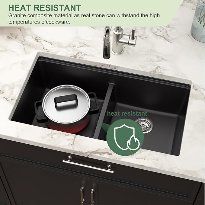 33 Black Undermount Kitchen Sink Granite Composite Quartz Double Bowl Workstation Sinks Low Divide Ledge Under Counter Large Deep Classic Basin,33"x19"x10"