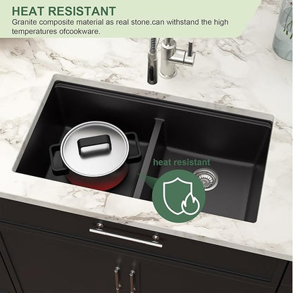 33 Black Undermount Kitchen Sink Granite Composite Quartz Double Bowl Workstation Sinks Low Divide Ledge Under Counter Large Deep Classic Basin,33"x19"x10"