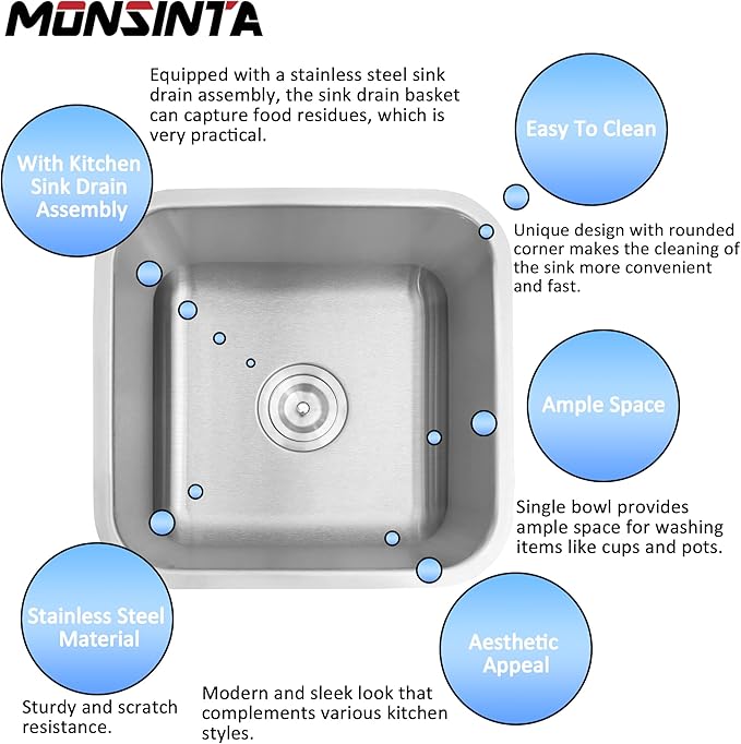 Bar Sink, 16 Inch Undermount Kitchen Sink, T-304S Stainless Steel RV Kitchen Sinks, Small Kitchen Sinks With Sink Drain Strainer, Use at Rv, Bar,Outdoor, Laundry and Utility,Bathroom