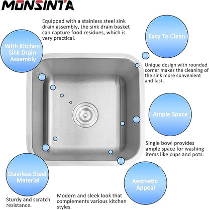Bar Sink, 16 Inch Undermount Kitchen Sink, T-304S Stainless Steel RV Kitchen Sinks, Small Kitchen Sinks With Sink Drain Strainer, Use at Rv, Bar,Outdoor, Laundry and Utility,Bathroom