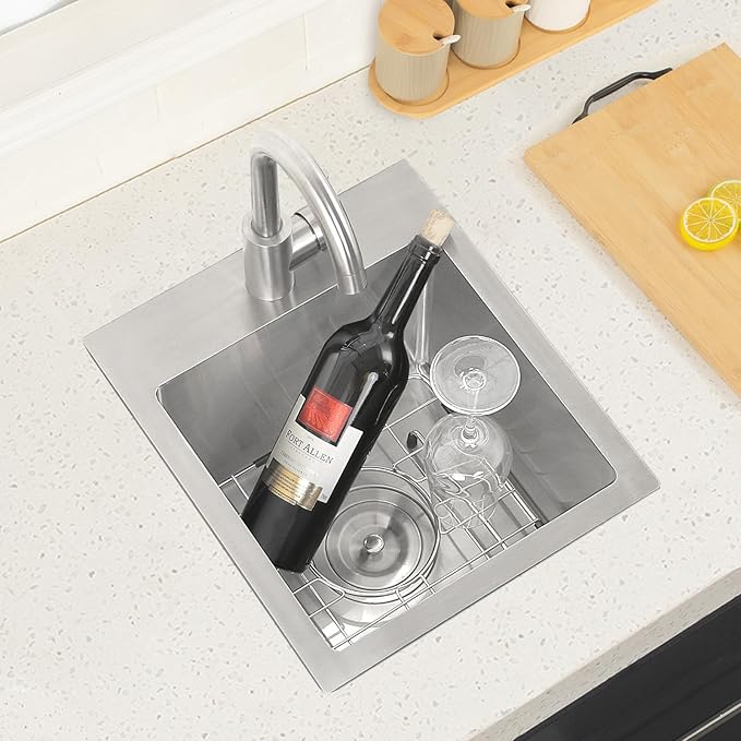 Hotis 15x15 Inch Drop In Bar Sink, Brushed Nickel Stainless Steel Topmount Small RV Kitchen Sinks, Wet Bar Sink For Outdoor, RV, and Outdoor Yard with Dish Grid and Basket Strainer