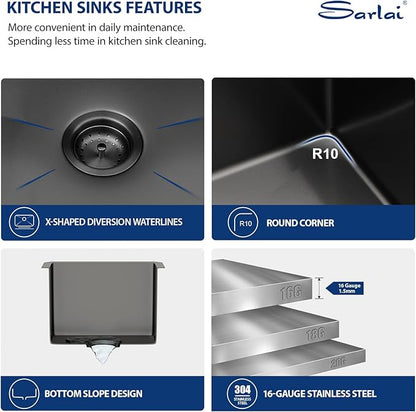 Sarlai 13 Black Bar Sink Undermount - 13x15 Gunmetal Black Under Counter Bar Prep RV Outdoor Kitchen Sink 16 Guage Stainless Steel Single Bowl Deep Sinks Basin