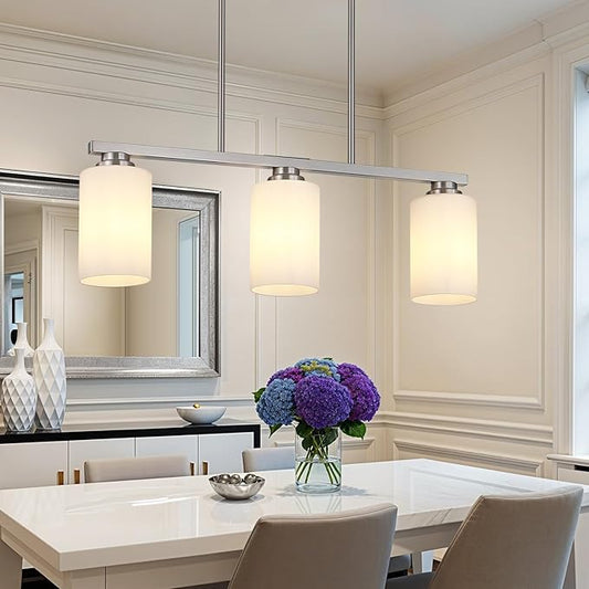 Mecgirn Island Light for Kitchen, Brushed Nickel Dining Room Light Fixture Over Table with Milk Glass Shade, 3-Light Linear Chandelier Pendant Lighting for Dining Table Kitchen Island Living Room