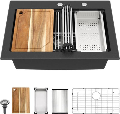 Granite Composite Kitchen Sink - 30 Inch Granite Kitchen Sink Drop In Topmount Workstation Matte Black Quartz Single Bowl Sinks All-In One, 30"x22" #TLGT-124