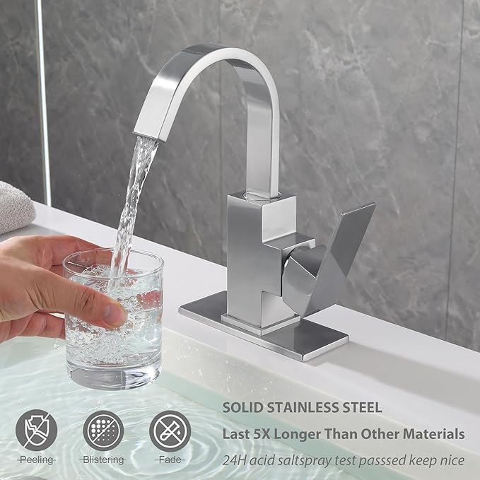 Brushed Nickel Bathroom Faucet with 360 Degree Swivel Spout Waterfall Faucet for Bathroom Vanity，Single Hole Bar Sink Faucet with Hose and 6 "Deck Plate,SL5004BN