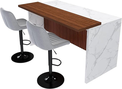 Montary 63-inch Modern Kitchen Island and Dining Table Set with 2 Swivel Stools, Marble-Look Countertop with LED Lights and Metal Grille Design, for Kitchen, Living Room,Black & Gray