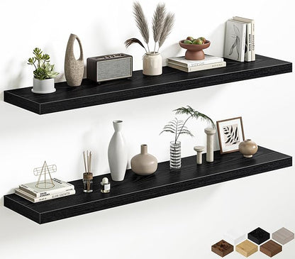Black Floating Shelves for Wall, 55 Inch Floating Shelves Set of 2, Wall Mounted Rustic Wood Shelf for Bathroom, Living Room, Bedroom and Kitchen, Hanging Shelf for Storage, Books, Home Decor
