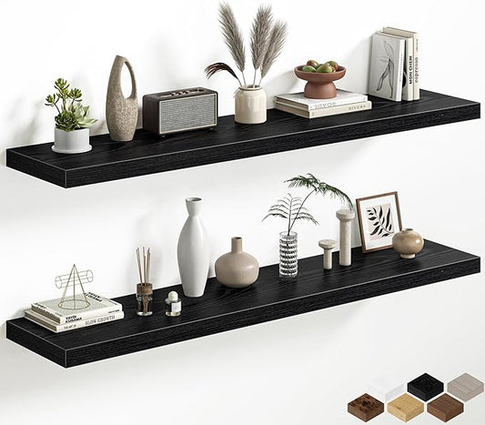 Black Floating Shelves for Wall, 55 Inch Floating Shelves Set of 2, Wall Mounted Rustic Wood Shelf for Bathroom, Living Room, Bedroom and Kitchen, Hanging Shelf for Storage, Books, Home Decor
