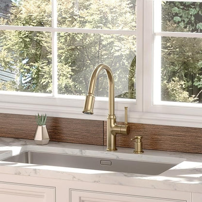 Lava Odoro Curtura Champagne Gold Kitchen Faucet with Pull Down Sprayer, Single Handle Kitchen Sink Faucet with 3-Function Magnetic Sprayer for Sink 1 or 3 Hole, 1.8 GPM, KF421-CB-M
