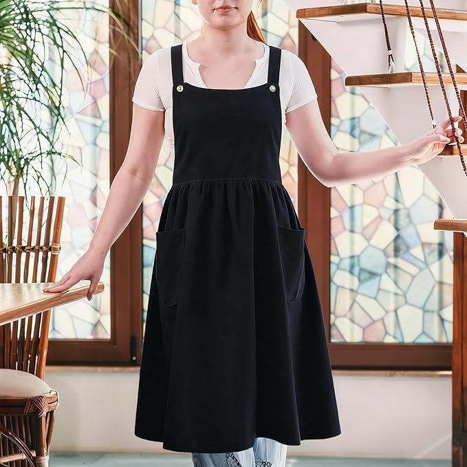 Cityelf Vintage Pinafore Apron Dress Snap Adjust Linen Cotton with Pockets Floral Aprons for Cooking Gardening