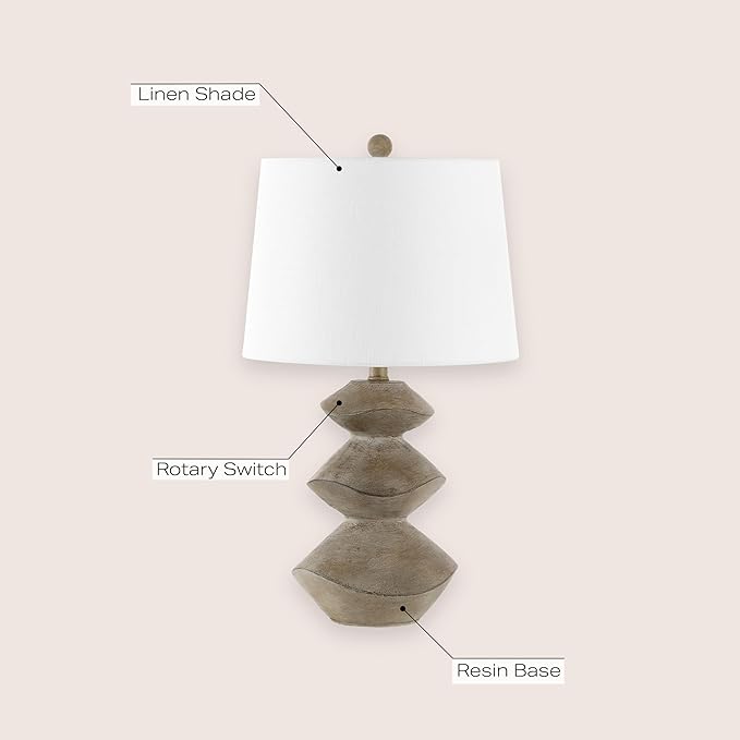 JONATHAN Y 24.5" Brown Wood Finish Coastal 3-Stack Cairn LED Table Lamp for Living Room, White Linen Shade, Rustic Mid-Century Modern Bedside Lamp for Bedroom Office JYL4061A