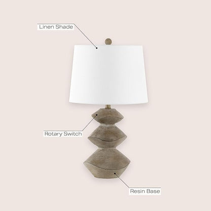 JONATHAN Y 24.5" Brown Wood Finish Coastal 3-Stack Cairn LED Table Lamp for Living Room, White Linen Shade, Rustic Mid-Century Modern Bedside Lamp for Bedroom Office JYL4061A