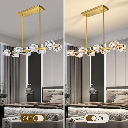 Modern Crystal Chandeliers for Dining Room, 8-Light Gold Rectangular Dining Room Light Fixture, Adjustable Farmhouse Pendant Light with K9 Crystal Cube Shade for Kitchen Island, Living Room, Bedroom