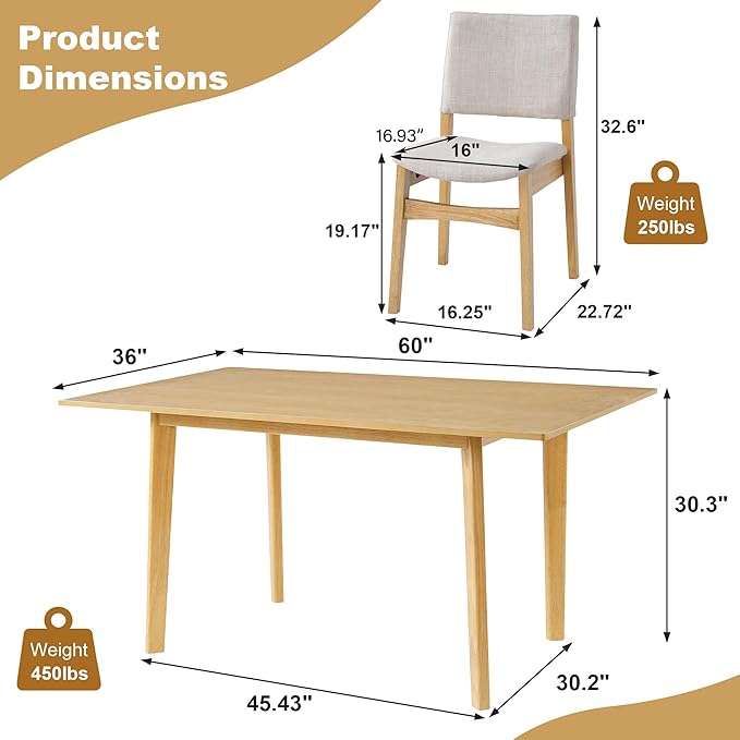 VilroCaz 5-Piece Dining Table Set - Rectangular Solid Wood Table & Upholstered Linen Chairs, Kitchen Dining Room Set for 4, Space-Saving Dinette (Natural-5J)