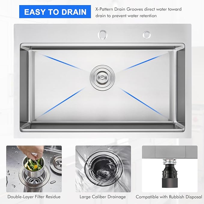 MENATT 30 inch Kitchen Sink Drop In, 18 Gauge Stainless Steel Handmade Drop in Workstation Kitchen Sink, 2 Hole Single Bowl Topmount Kitchen Sinks with Cutting Board, D30"xW18"xH9"