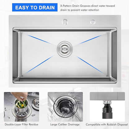 MENATT 30 inch Kitchen Sink Drop In, 18 Gauge Stainless Steel Handmade Drop in Workstation Kitchen Sink, 2 Hole Single Bowl Topmount Kitchen Sinks with Cutting Board, D30"xW18"xH9"