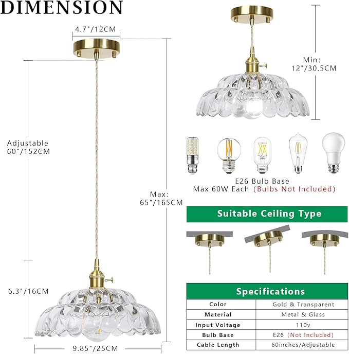 Glass Pendant Light Vintage Light Fixtures, Clear Glass Pendant Lights Kitchen Island, Hanging Pendant Lights with Brass Gold Metal for Dining Room Bedroom Foyer Entryway Hallway