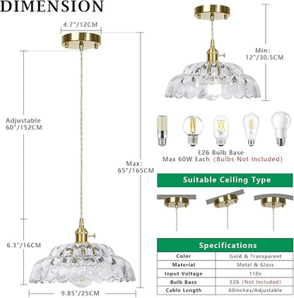 Glass Pendant Light Vintage Light Fixtures, Clear Glass Pendant Lights Kitchen Island, Hanging Pendant Lights with Brass Gold Metal for Dining Room Bedroom Foyer Entryway Hallway