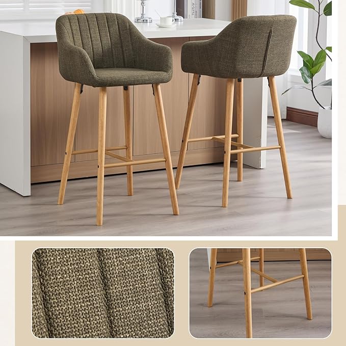 Modern Stools Set of 2, Kitchen Island Tall Chairs with Back, Arm, Footrest and Solid Wood Leg, Linen Fabric Upholstered Stools - Green