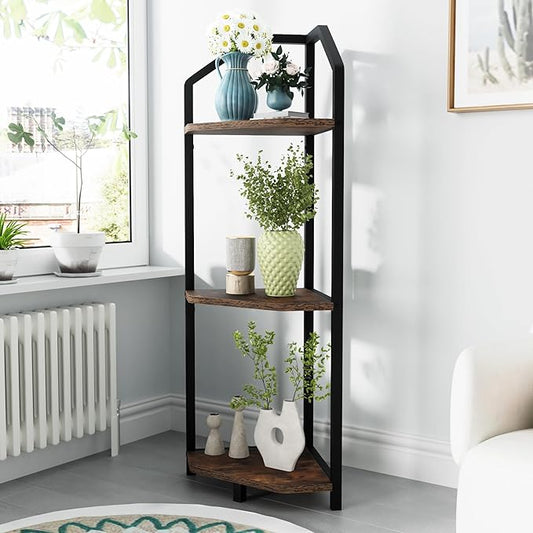 Fun Memories 3 Tier Corner Shelf, 40” Corner Shelf Stand, Corner Bookshelf Plant Stand, Storage Shelf for Bathroom, Living Room, Kitchen,Grey Home Office, Brown