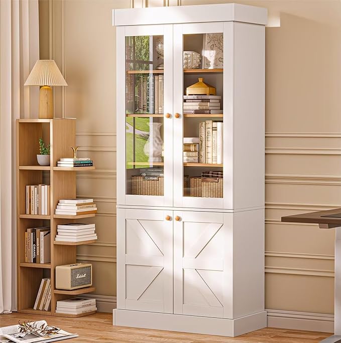 ivaniti 71" Tall Kitchen Pantry Cabinet, Rustic Farmhouse Storage Hutch with Glass Doors & Adjustable Shelves, Freestanding Wood Buffet Cabinet for Dining Room, Living Room, White